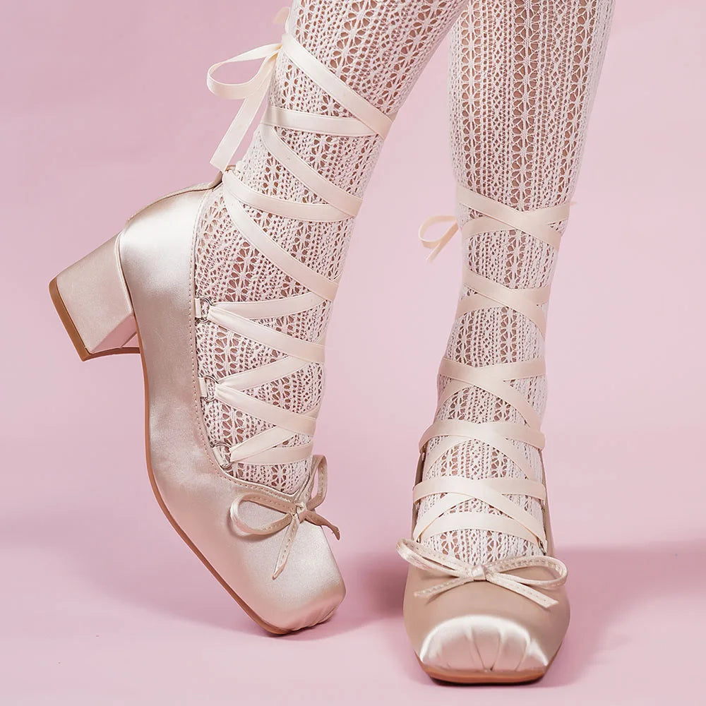 LIZAKOSHT  -  Brand Design Big Size 43 Sweet Pink Mary Jane Pumps Cross-tied Satin 9cm High Heels Ballet Shoes White Party Wedding Shoes Women