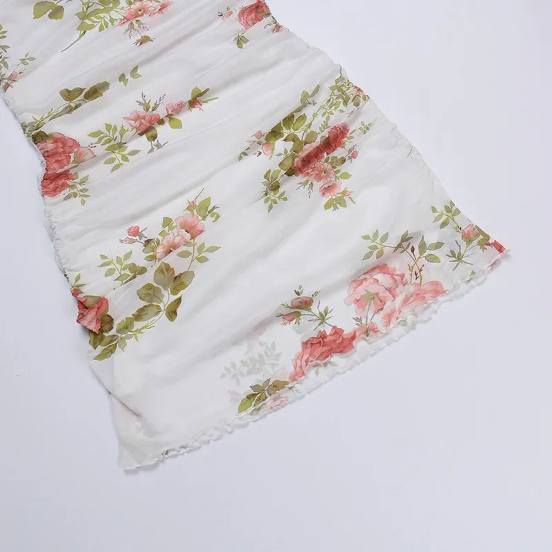 LIZAKOSHT  - Women Vintage Floral Print Slip Dress Ruched Mesh Sling Dress Woman Summer Slim Fit Bodycon Short Dress Club Bar Outfit 2024