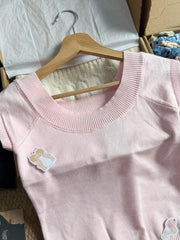 LIZAKOSHT  -   Pink Knitted T-shirts Woman Summer Scoop Neck Short Sleeve Slim T-shirts Female Casual Simple Solid Elegant Cotton Crop Tops
