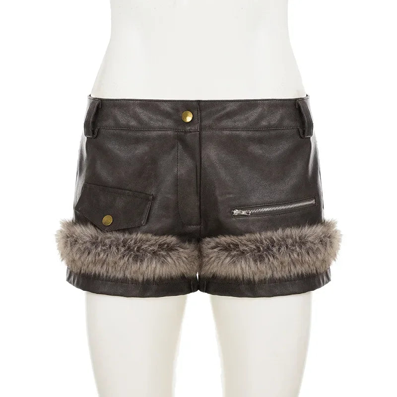 LIZAKOSHT  -  Women Fluffy Faux Fur Patchwork PU Leather Shorts 2025 Fall Winter Button Fly Medium Waist Slim Casual Streetwear Night Clubwear