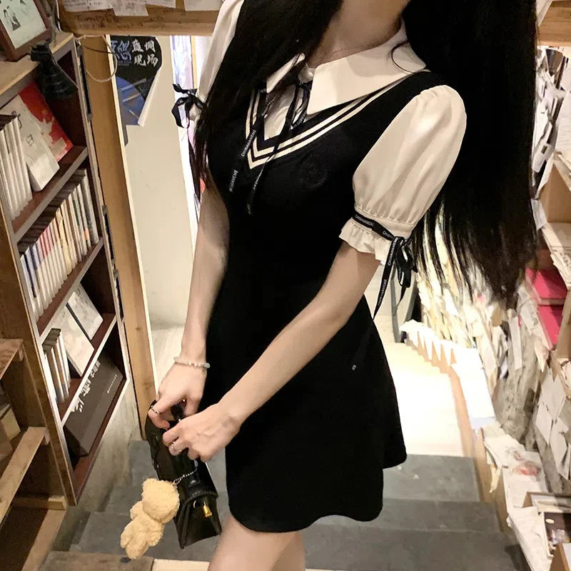 LIZAKOSHT  -  Women's Summer Preppy Style Sweet Drawstring Letter Bow Polo Collar Patchwork Fake Two Pieces Short Sleeve Slim A-line Dresses