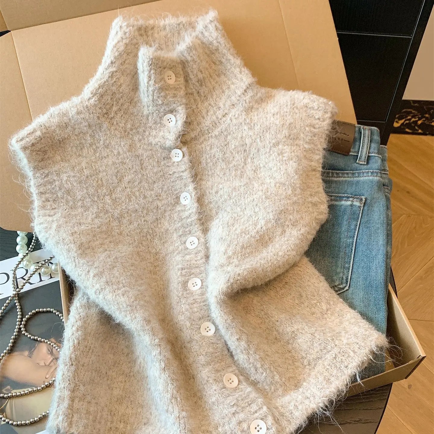 LIZAKOSHT  -  White Plush Vest Autumn Winter Women's Turtleneck Sleeveless Knitted Cardigan Outwear Lady Casual Faux Wool Pull Sweater Vest
