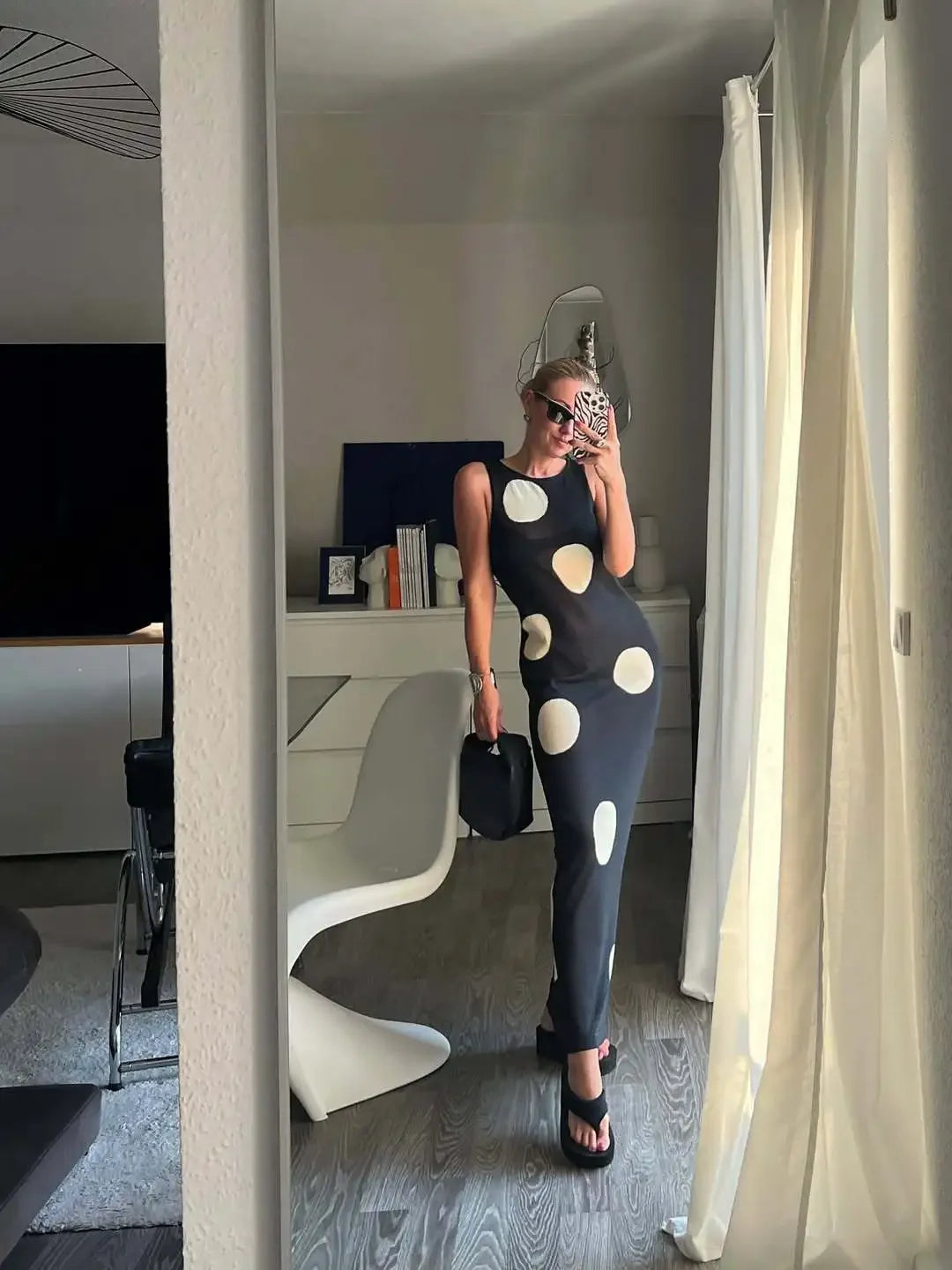 LIZAKOSHT  -  Retro Large Polka Dots Sleeveless Dress Women Chic Round Neck Off-shoulder Slim Midi Dresses Lady Holiday Street Vestidos