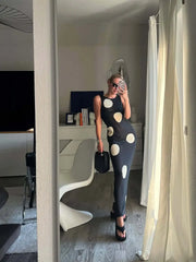 LIZAKOSHT  -  Retro Large Polka Dots Sleeveless Dress Women Chic Round Neck Off-shoulder Slim Midi Dresses Lady Holiday Street Vestidos