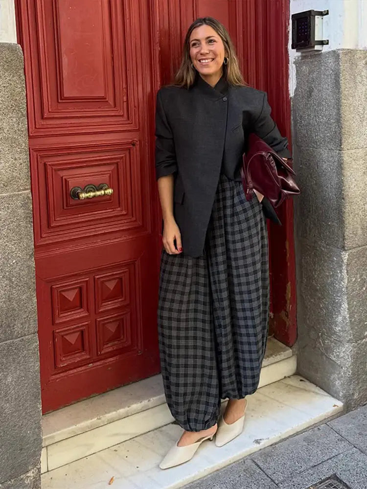 LIZAKOSHT  -  Women's Spring Fashion Versatile Bloomers Plaid Printed Loose Pants Female High-waist Drawstring Casual Trousers