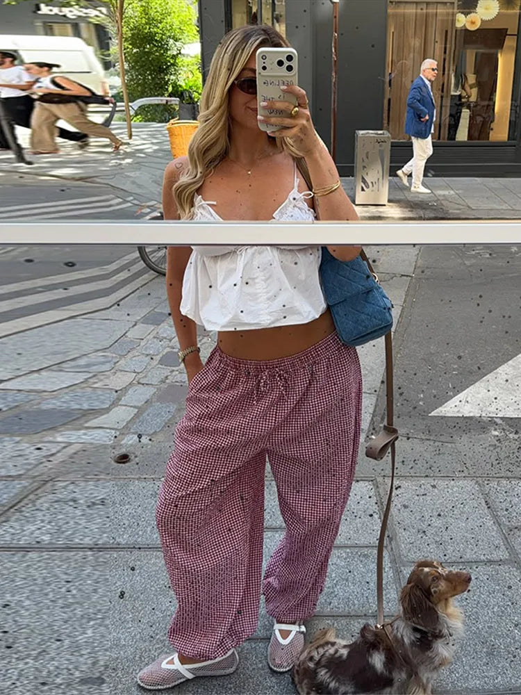 LIZAKOSHT  -  Elastic Drawstring Plaid Jogger Bottom Grid Thigh Cut Ankle Cuffs Summer Autumn Indoor Casual Lady  Vintage Cozy Outfit