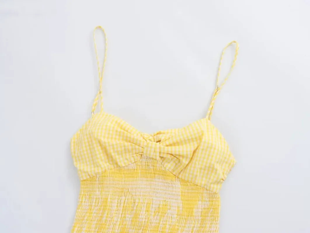 LIZAKOSHT  -  New Fashion Vintage Beach Mini Dress for Women 2024 Summer Holiday Women Casual Small Plaid Bow Yellow Dress Elegant Vestidos
