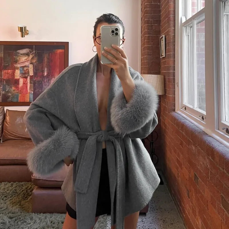 LIZAKOSHT  -  Fox Fur Woolen Women's 2025 Autumn Coat Fashion Patchwork Double-Sided Wool Overcoat Commuter New Elegant Office Jacket
