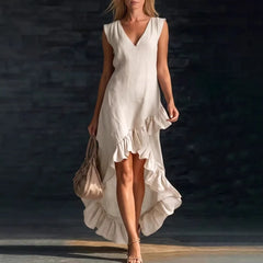 LIZAKOSHT  -  New Fashionable Romantic Sleeveless V-neck Ruffle Hem Cotton and Linen Long Dress