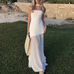 LIZAKOSHT  -  Elegant Patchwork Solid Color Party Dress Fashion Strapless Scarf High Waist Evening Dress Lady Temperament Summer Long Dresses