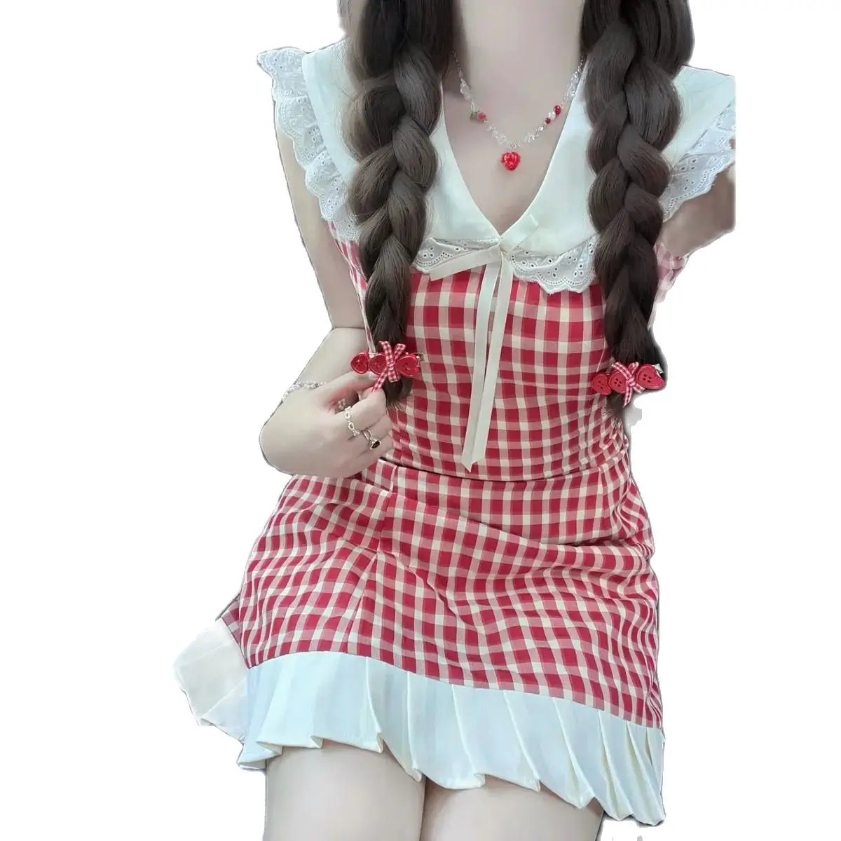 LIZAKOSHT  -  Japan Dress Sweet Small Flying Sleeves Plaid Blouses Top Half Skirts Set Summer Cute Age Reducing Women Outfits