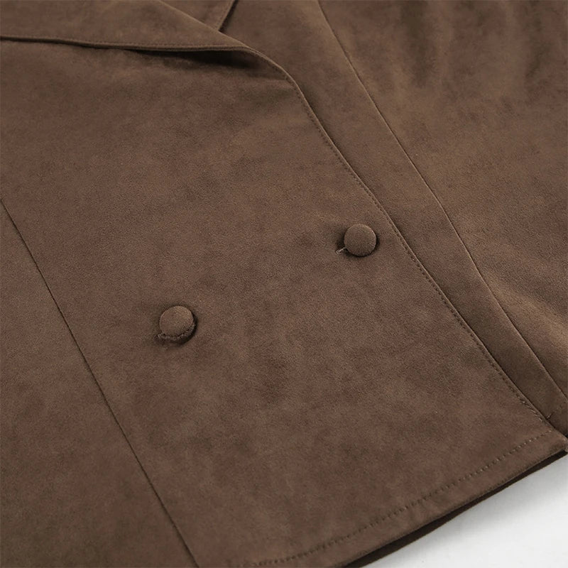 LIZAKOSHT  -  Retro Brown Lace Up Shorts Suede Jacket Elegant Female Lapel Long Sleeves Slim Coats Autumn Chic Lady High Street Outwear