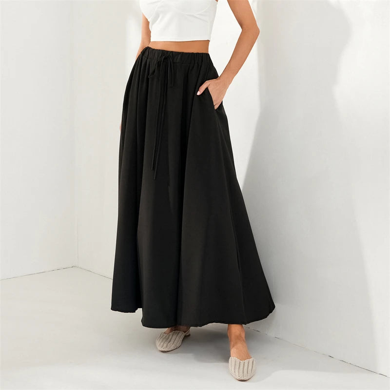 LIZAKOSHT  -  Women Summer Floral Print Swing Long Skirts Casual Elastic Waist Drawstring Flared A-Line Skirt