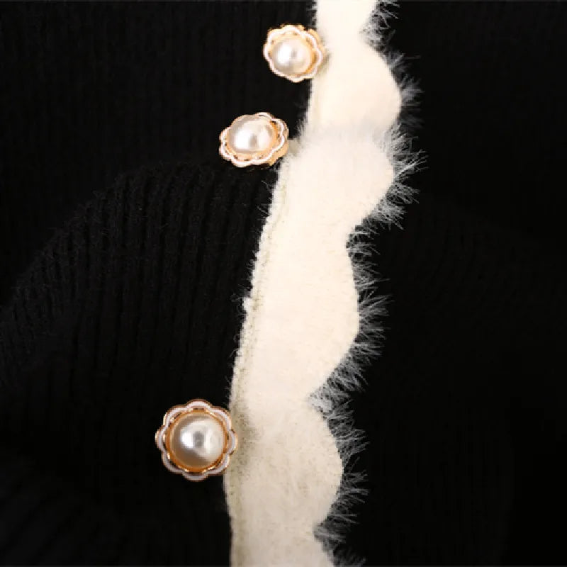 LIZAKOSHT  -  Woman Full Puff Sleeve Sweater Pearl Buttons Knitwear Jumper Autumn Beige Black Color Edged Line Knitted Cardigan