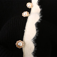 LIZAKOSHT  -  Woman Full Puff Sleeve Sweater Pearl Buttons Knitwear Jumper Autumn Beige Black Color Edged Line Knitted Cardigan