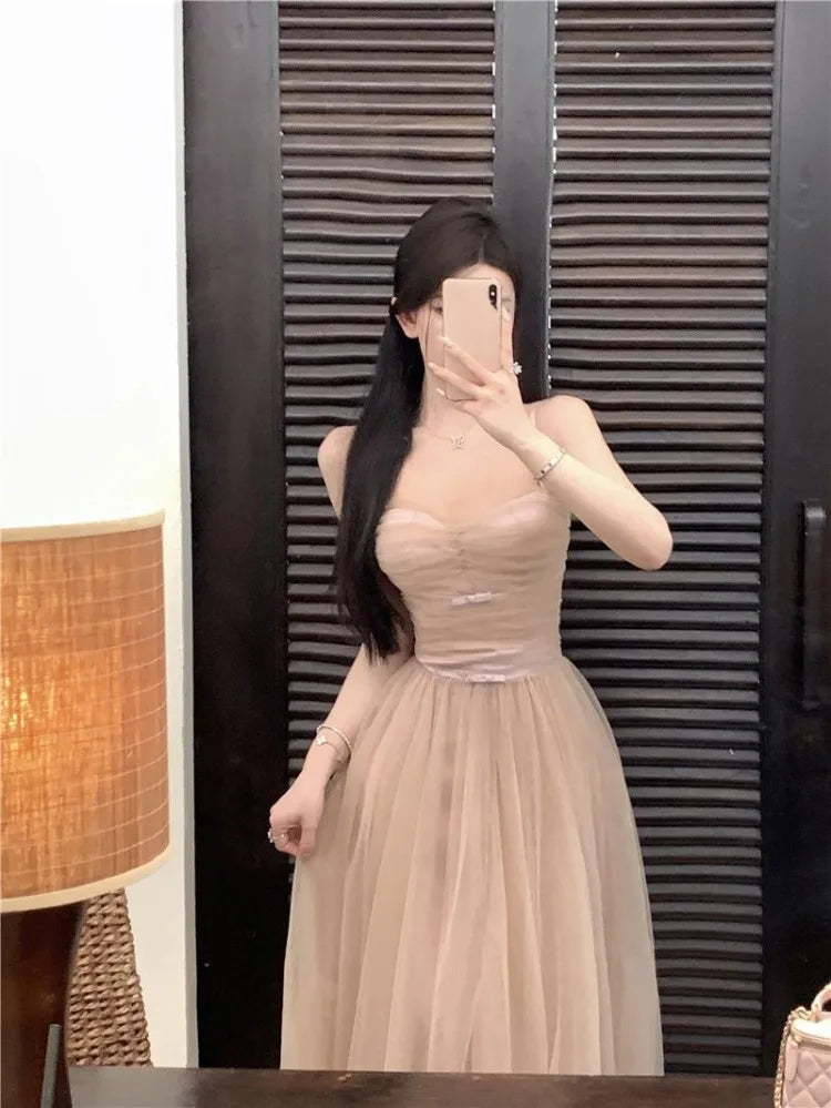 LIZAKOSHT  -  Woman Dress Bow Sleeveless Slash Neck Mesh Patchwork Princess Sweet Elegant Summer Fashion Party Dresses Female