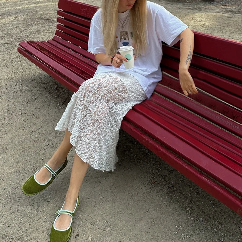 LIZAKOSHT  -  Vintage Lace Midi Skirt Floral Sheer See-Through Irregular Hem A-line Skirt Fairy Streetwear Chic Women Long Skirt
