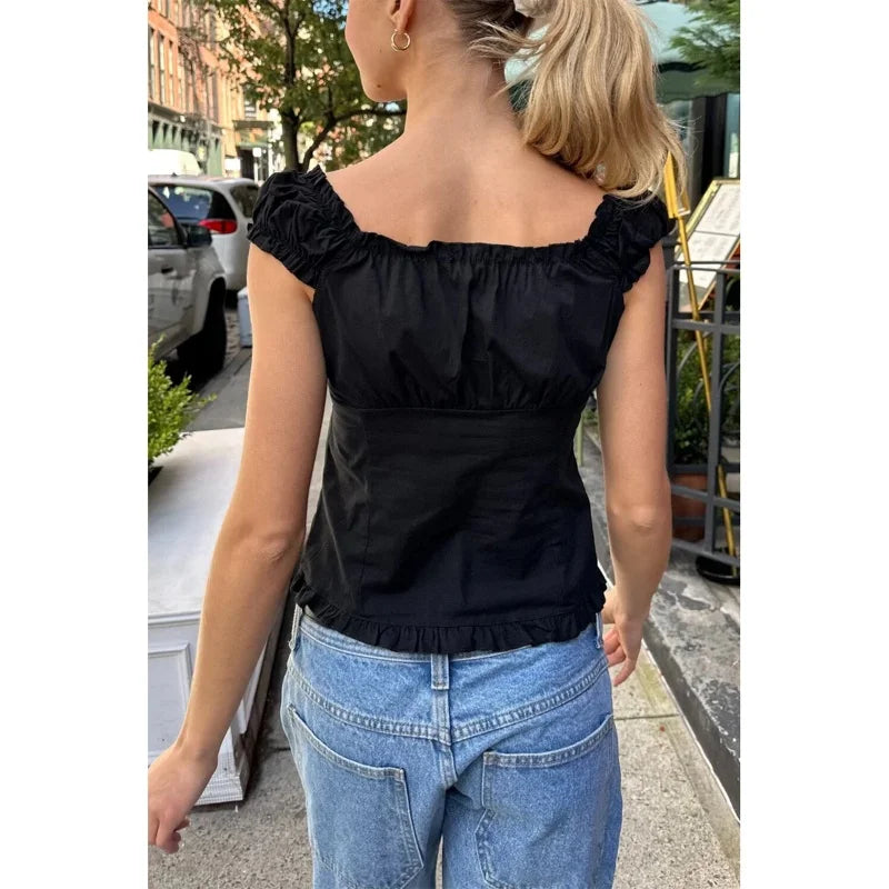 LIZAKOSHT  -  y2k Tank Top Women Summer Clothes Solid Color Cap Sleeve Button Down Slim Fit Frill T Shirt 2000s Vest Streetwear