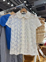 LIZAKOSHT  -   Lace See Through Beige Blouse T-shirt Woman Summer Turn Down Collar Single Breasted Short Sleeve Shirts Sweet Transparent Tshirt