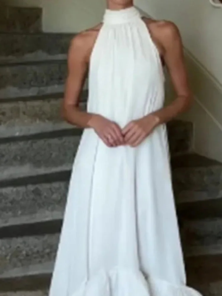 LIZAKOSHT  -  Fashion Irregular Sleeveless Halter Evening Dress Sexy Women Solid Color Loose Party Dress Elegant Off Shoulder Pleat Long Dress