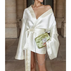 LIZAKOSHT  -  Spring Sexy Loose Strap Long Sleeve Dress Fashion Satin Dress Skirt Short Skirt Women's Clothing