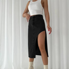 LIZAKOSHT  -  Elegant Side Split Skirt Women Summer High Waist Midi Skirts Female Spring Fashion Denim Office Blue Ladies Clothes