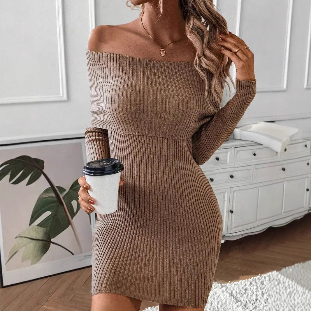 LIZAKOSHT  -  Women's New Spliced Fashionable Solid Color Slim Fit Casual Long Sleeved Knitted One-piece Collar Dress
