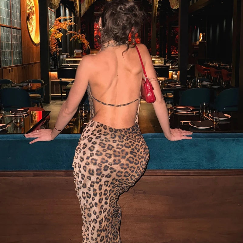 LIZAKOSHT  -  Leopard Print Dresses For Women Fashion Sexy Party Night Bar Outfit Open Back Swinging Neck Halter Hip Wrap Maxi Dress