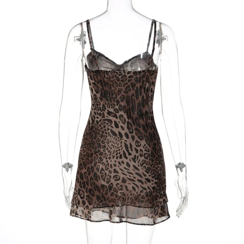 LIZAKOSHT  -  Women Sexy Leopard Print Chiffon Vacation Dress Streetwear Summer Girls Spaghetti Strap Backless Party Club Dresses