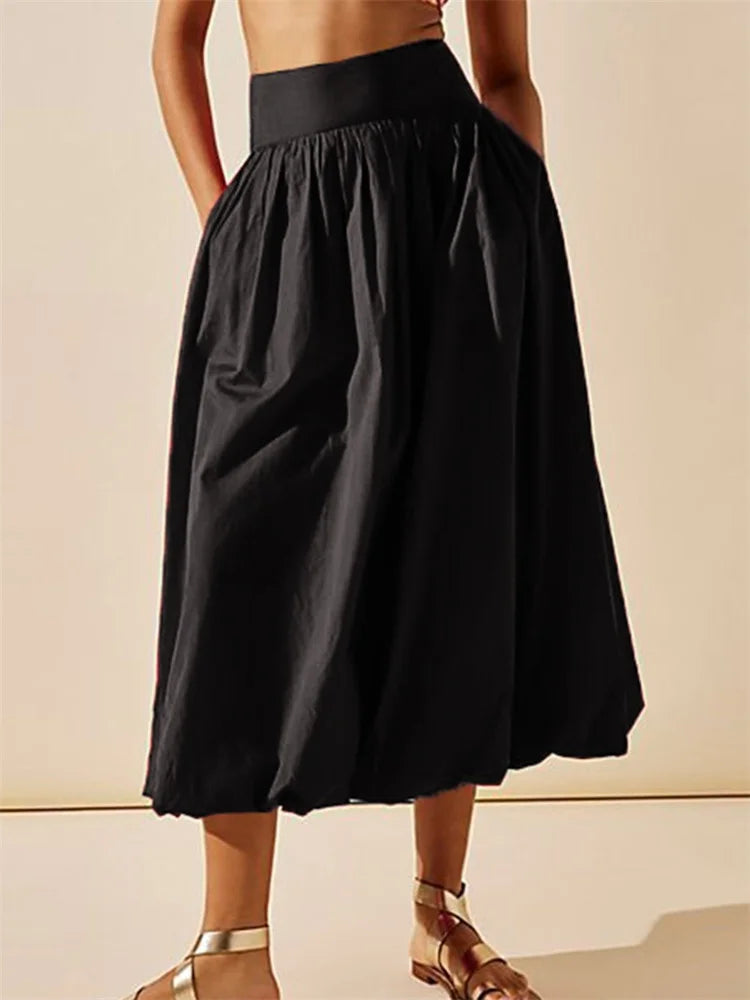 LIZAKOSHT  -  Women Long Maxi Skirts Casual Loose Fit Elastic Waist Solid Color Ruched Pleated Skirts for Summer Spring Streetwear