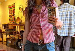 LIZAKOSHT  -  College Style Breasted Plaid Simple Casual Versatile Shirt with Retro Street Style Lapel and Waist Cinching for Slimming Effect