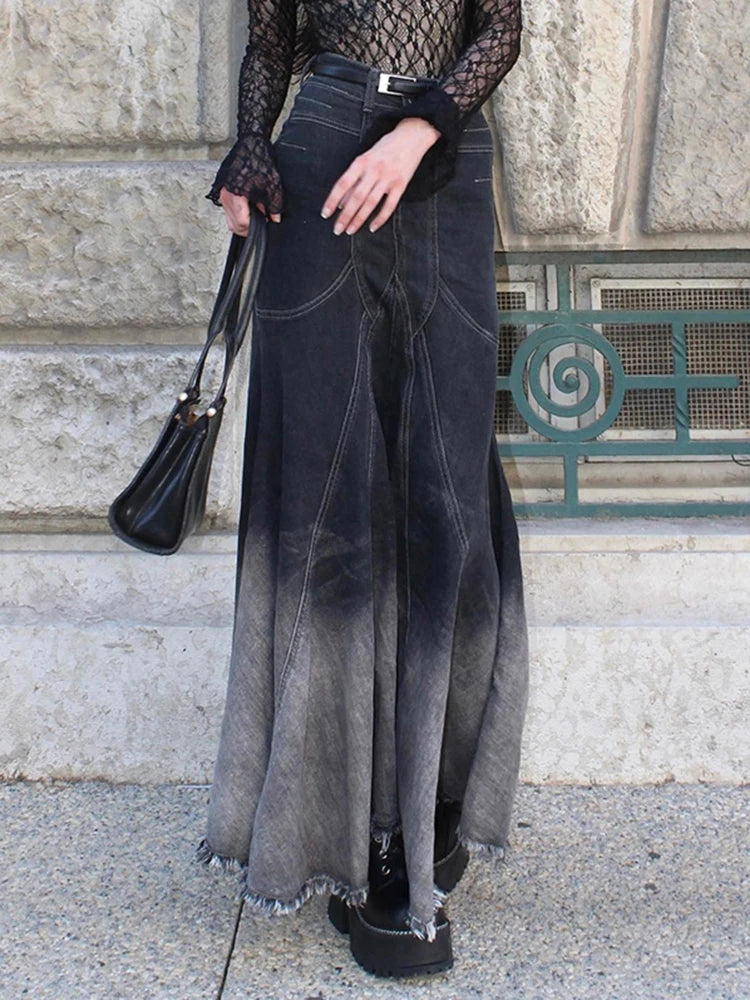 LIZAKOSHT  -  Women's A-line Denim Skirt Vintage 90s Aesthetic Y2k Long Cowboy Skirt Harajuku Korean Emo Jean Skirt 2000s Clothes Summer