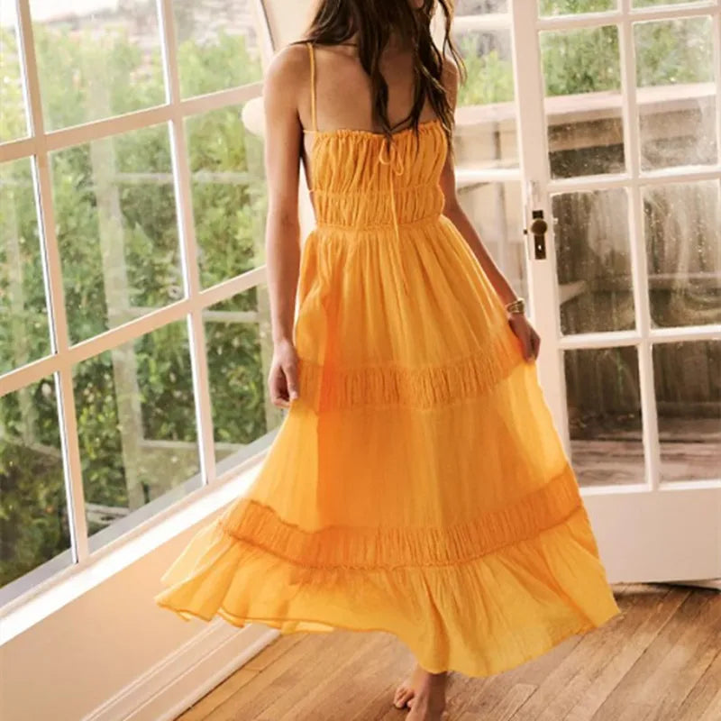 LIZAKOSHT  -  Boho Women Cut Out Backless Maxi Dress Bodycon Long Flowy Dresses Summer Spaghetti Strap Low Cut Cami Dress Clubwear