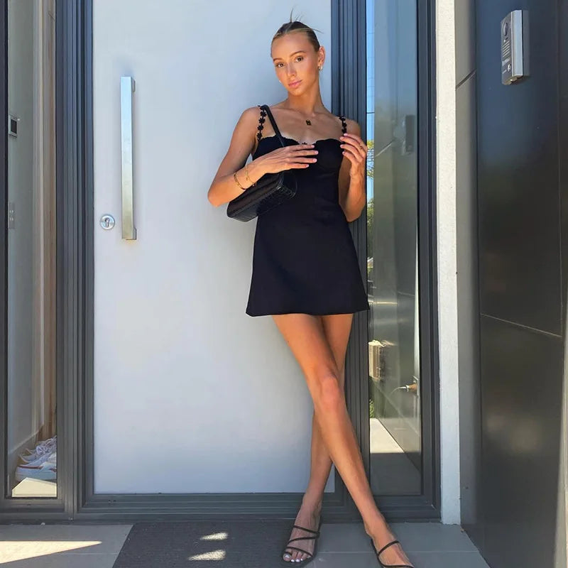 LIZAKOSHT  -  Lace Trim Slim Fit Bodycon Dress Sexy Spaghetti Strap Mini Dress with Waist Cinching Sleeveless Clubwear Party Dresses