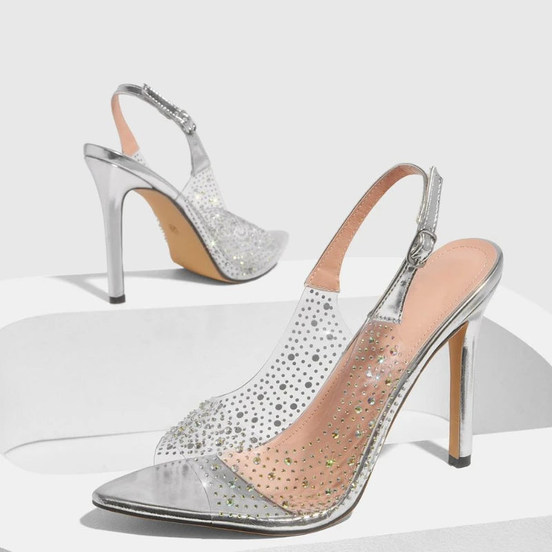 LIZAKOSHT  -  Luxury Rhinestone Thin Heeled Sandals Women Sexy Pointed Toe Transparent PVC Pumps Size 42 Elegant Party Backless Stripper Shoes