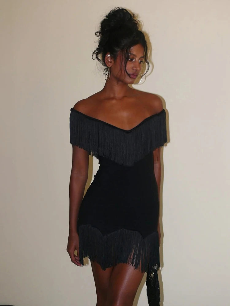 LIZAKOSHT  -  Backless Dress Woman Sexy Tassel Decoration Slash Neck Sleeveless High Waist Midnight Prom Party Elegant Bodycon