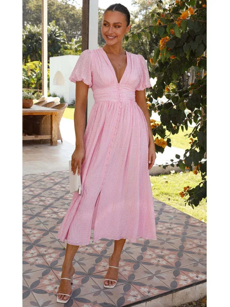 Lizakosht V-neck Yellow Puff Sleeve Split Solid Summer Women Dress 2024 A-line Maxi Long Sundress Vestido Button Beach Dress Party