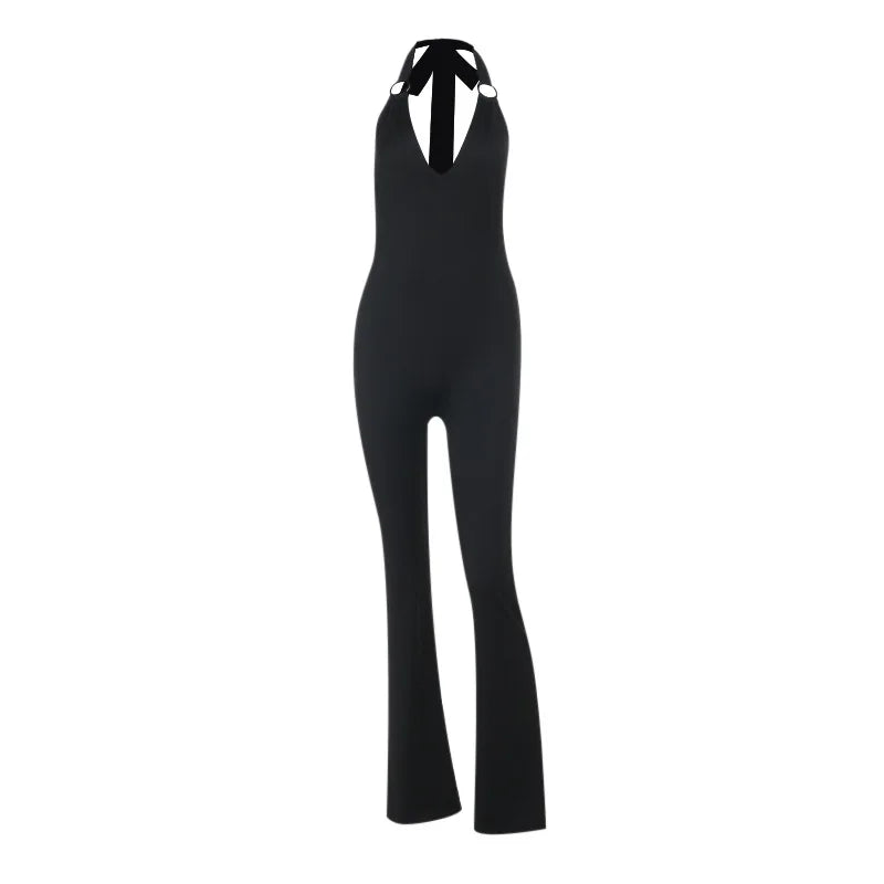 LIZAKOSHT  -  Summer V-Neck Halter Jumpsuit Women's Sleeveless Stretchy Wide Leg Romper Sexy Bodycon One Piece Jumpsuit Outfit