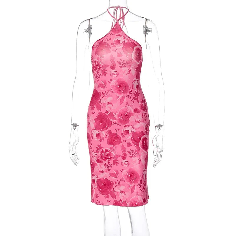 LIZAKOSHT  -  Women Sexy Floral Print Slim Halter Dress Chic Sleeveless Off-shoulder Backless Bodycon Dresses Lady Vacation Street Gowns