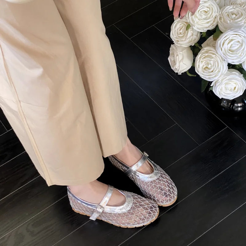 LIZAKOSHT  -  Round Toe Mesh Women Flat Shoes Fashion Summer NEW Breathable Buckle Strap Ladies Footwear Soft Flat Heel Mary Jane Sandals