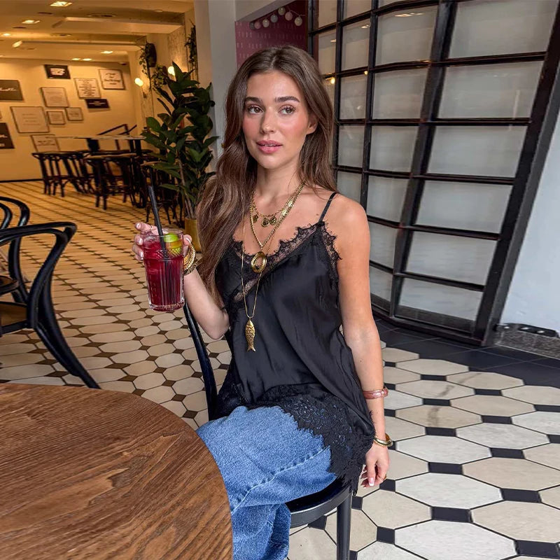 LIZAKOSHT  -  Sexy Satin Sling Tops Women V Neck Hollow Out Patchwork Lace Irregular Tank Top Female New Chic Solid Fashion Streetwears