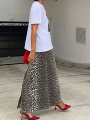 LIZAKOSHT  -  100% Cotton Fashion Split Skirt Women's Leopard Print Slim Fit Long Skirt Summer Office Lady Loose Straight Skirt