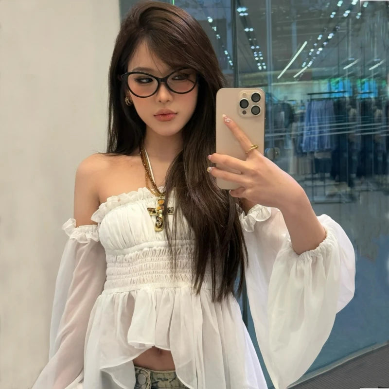 LIZAKOSHT  -  Off Shoulder Ruffles Sexy Lantern Long Sleeve Halter Backless Fashion All-match Crop Tops Y2K Summer Streetwear Blouses