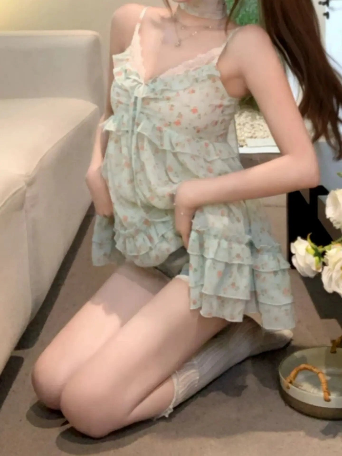 LIZAKOSHT  -  Summer French Coquette Floral Tie Front Spaghetti Strap Mini Dress Women Lace Trim Ruffle Ruched Party Date Night Casual Outfit