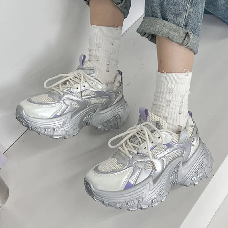LIZAKOSHT  -  Fashion Silver Chunky Sneakers Women Autumn Lace Up Platform Sports Shoes Woman Thick Bottom Non Slip Walking Shoes Ladies