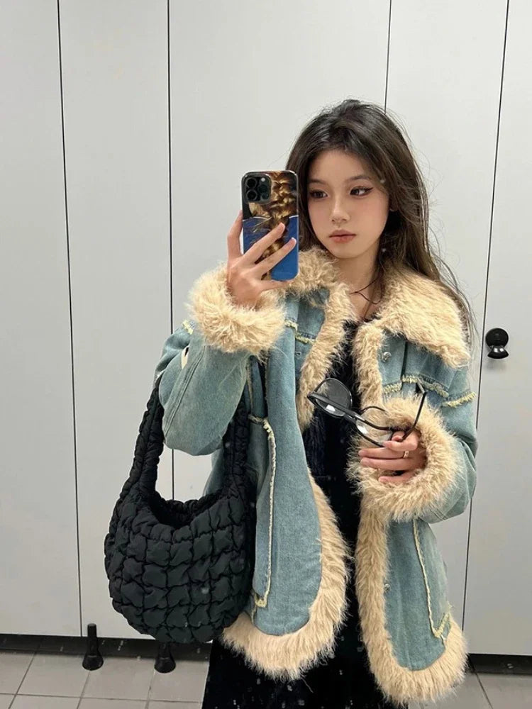 Lizakosht Harajuku Vintage Y2k Jackets Warm Thicken Downy Long Sleeve Design Denim Coats Winter Casual Loose All Match Women Clothing 2024