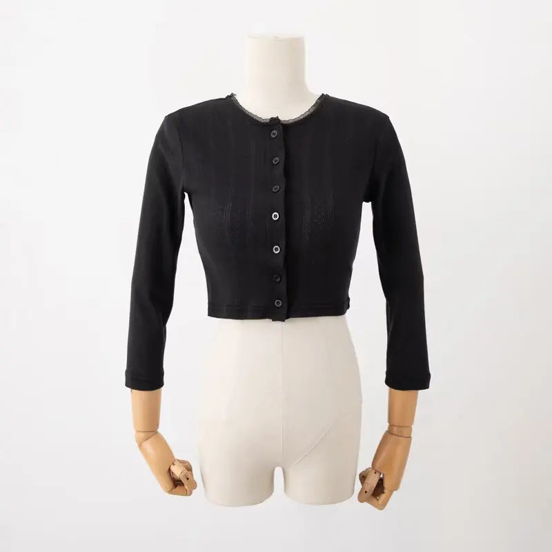 LIZAKOSHT  -  Early Autumn Short Hollow out Lace Trim Long Sleeve round Neck Single Button Open Cardigan Women's T-shirt Cotton Blend