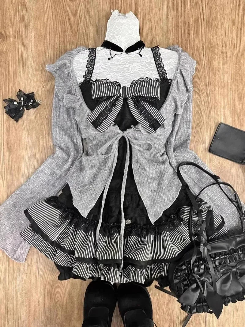 LIZAKOSHT  -  Sweet Lolita Lace Up Ruffles Cardigan+ Sexy Slim Fit Strapless Vest Tops+ High Waist Ruched Skirts Early Autumn Three Piece Sets