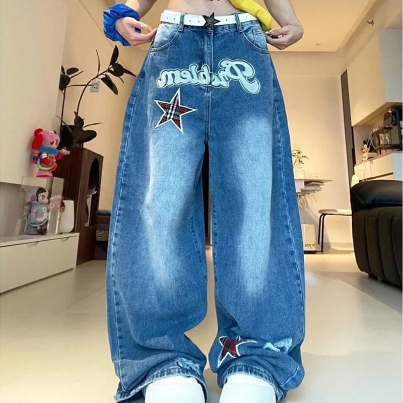 LIZAKOSHT  -  Streetwear Wide Leg Jeans Women Letter Star Print Vintage Harajuku Scimitar Trouser Loose Casual High Waist Patchwork Pants New