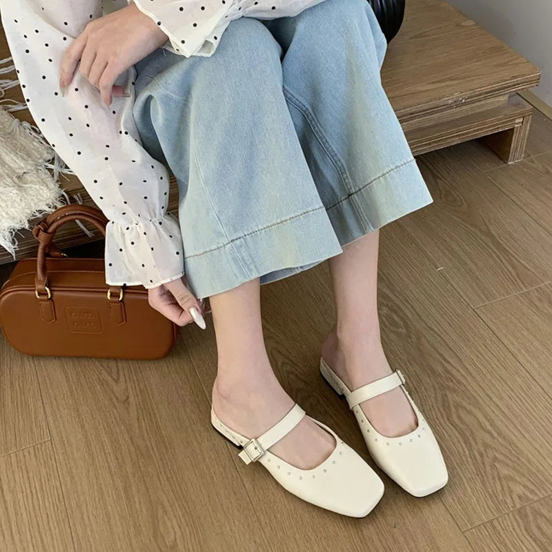 LIZAKOSHT  -  British Style Mule Slippers Women Flat Heel Shoes Brand Rivet Slide Casual Loafer Casual Flip Flops Female Outdoor Slipper Muje
